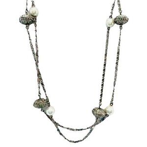 90s Silvertone Chain Necklace - Beads Faux Pearls - 37" Long - Vintage Avon